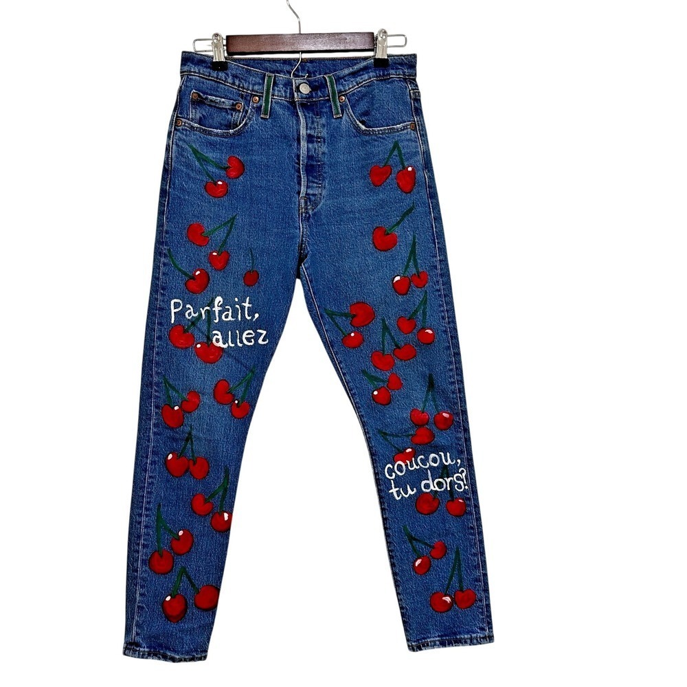 Levi's 501 Women Jeans‎ Button Fly Skinny Custom Handpainted Cherry French W28